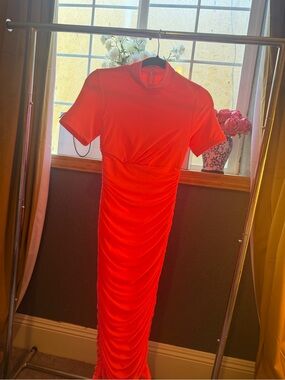 Women’s Ruched Short-Sleeve Maxi Dress in Bright Pink